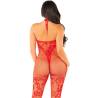 Bodystocking de rejilla rojo Leg Avenue Pretty Persuasion, de espaldas con el cuello halter