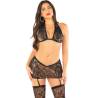 Top, falda y medias con ligueros Leg Avenue Wild Nights negro, de frente