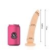 Medidas del dildo Delta Club de 17 cm en tono carne, junto a una lata