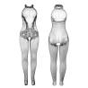 Bodystocking Negro Encaje Cuello Alto Subblime, la prenda sola, vistas de frente y de espaldas