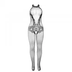 Subblime - 951801 bodystocking crotchless de rejilla y encaje con cuello alto negro talla única