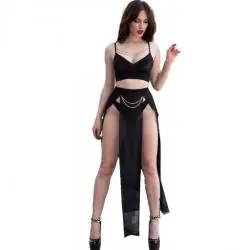 Chilirose - cr 4672 top negro falda y tanga con cadenas doradas s