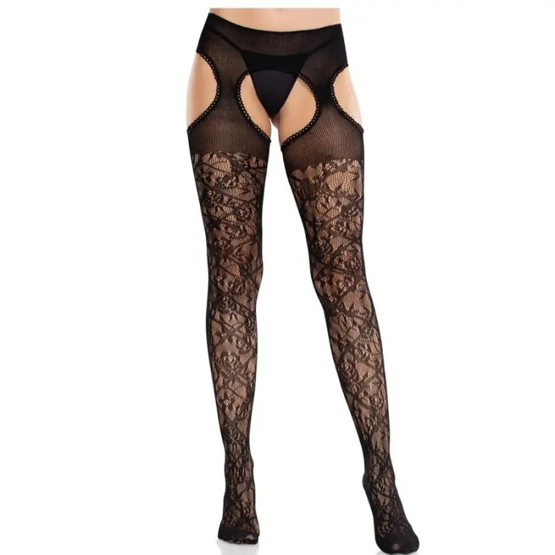 Leg avenue - medias de encaje floral con ligas unidas negro