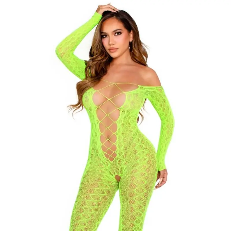 Leg avenue - bodystocking sin entrepierna de encaje de serpiente exótica verde neón Leg avenue - bodystocking sin entrepierna de encaje de serpiente exótica verde neón