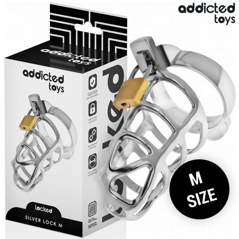 Addicted toys locked - silver lock jaula para pene de metal talla m Addicted toys locked - silver lock jaula para pene de metal talla m