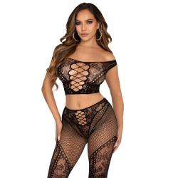 Leg avenue - crop top y legging de rejilla con hombros descubiertos negro