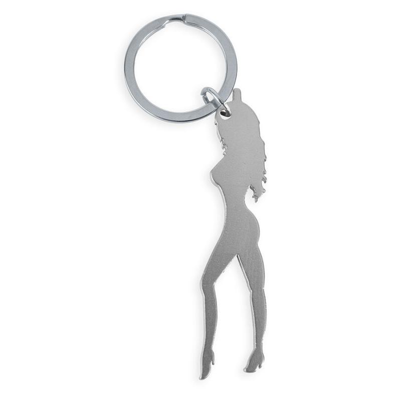Diablo picante - llavero con silueta de mujer color plata con abridor de cerveza