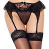 Tanga con liguero negro Queen Lingerie, detalle de frente con medias