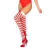 Medias de rayas navideñas Obsessive Kissmas, modelo con body rojo y zapatos de tacón