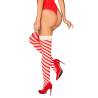 Medias de rayas navideñas Obsessive Kissmas, modelo de lado con las medias puestas