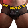 Slip Macho MX24AN de polipiel y rejilla con letras amarillas, detalle frontal de la cinturilla