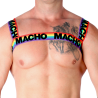 Arnés doble Macho Pride con bandas arcoíris, primer plano frontal
