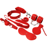 Experience kit BDSM rojo, contenido: collar, antifaz, esposas, mordaza y pala rojos