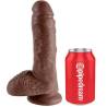 King Cock 8 pulgadas con testículos marrón junto a una lata