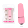 Bala vibradora Glossy Small rosa junto a su blíster