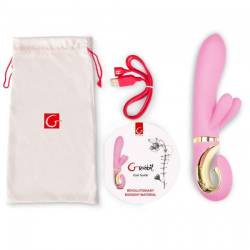 Gvibe Grabbit rosa con su bolsa, el cable de carga y el manual