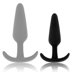 Plug anal Ohmama con asa, dos tamaños, uno en gris y otro en negro