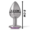 Plug Intense con joya violeta talla M, esquema con 8 cm de largo y 3,3 cm de ancho