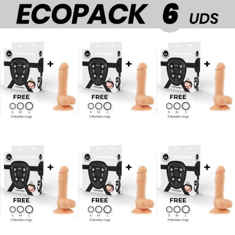 Ecopack de 6 arneses Cock Miller con dildo de 13 cm color carne