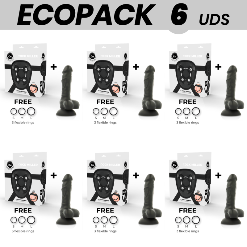 Ecopack de 6 arneses Cock Miller con dildo negro de 13 cm