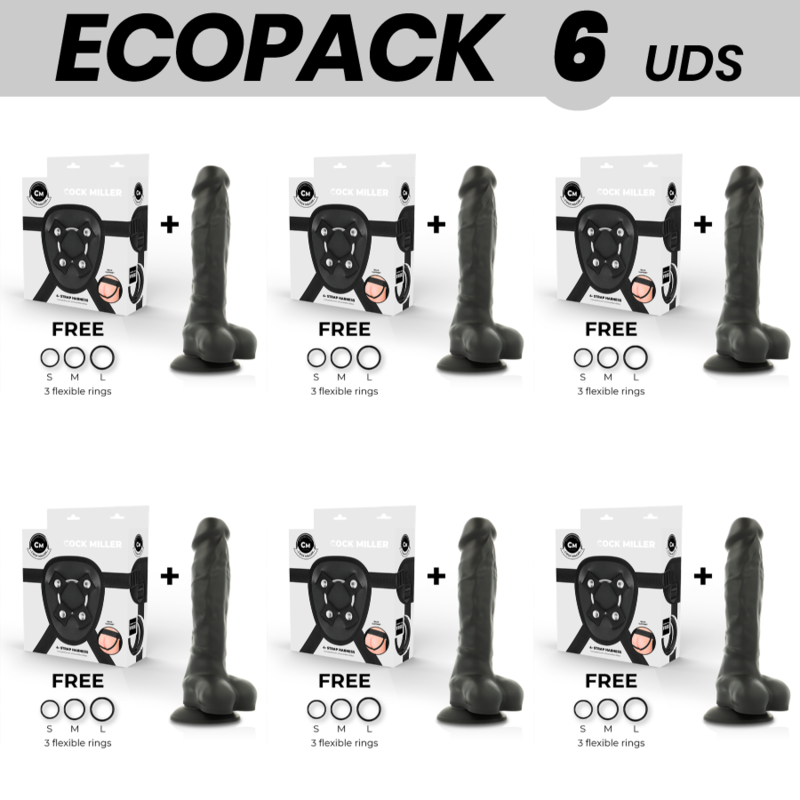 Ecopack de 6 arneses Cock Miller con dildo negro de 19,5 cm
