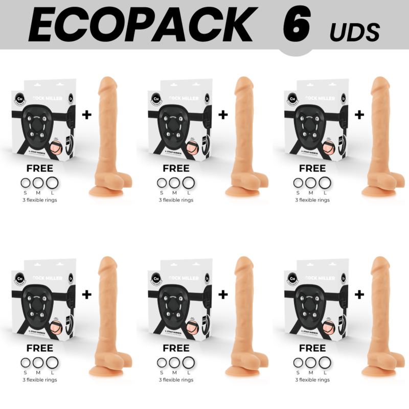 Ecopack de 6 arneses Cock Miller con dildo color carne de 24 cm