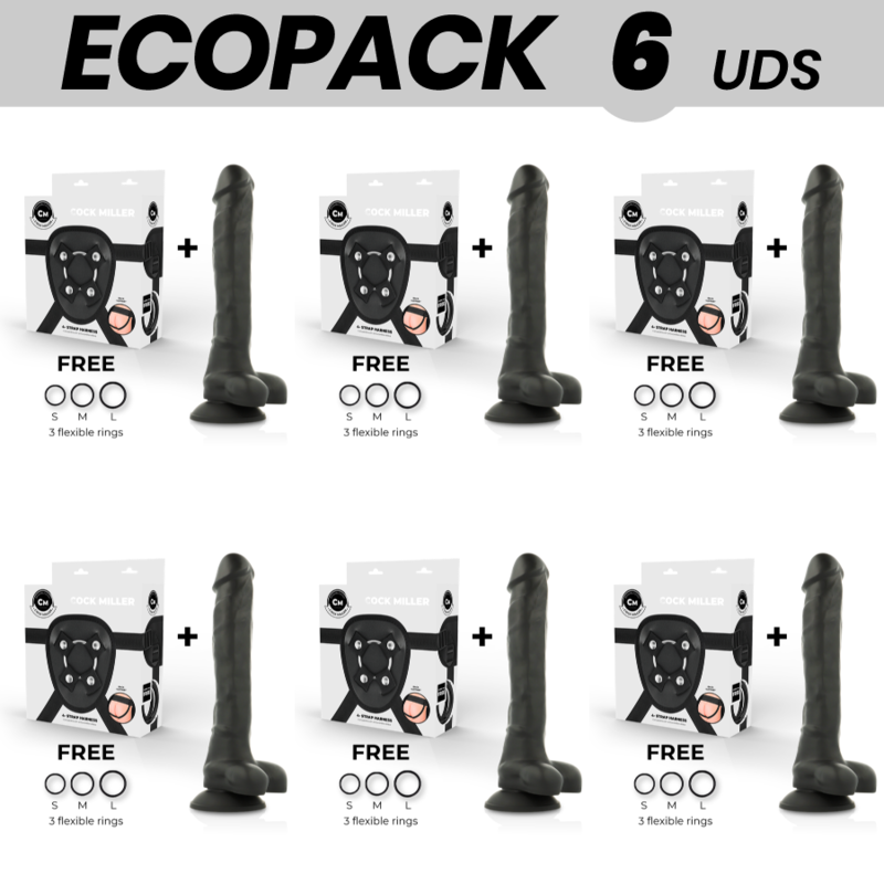 Ecopack de 6 arneses Cock Miller con dildo negro de 24 cm