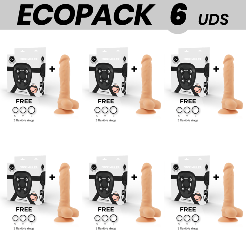 Ecopack de 6 arneses Cock Miller con dildo de 18 cm color carne