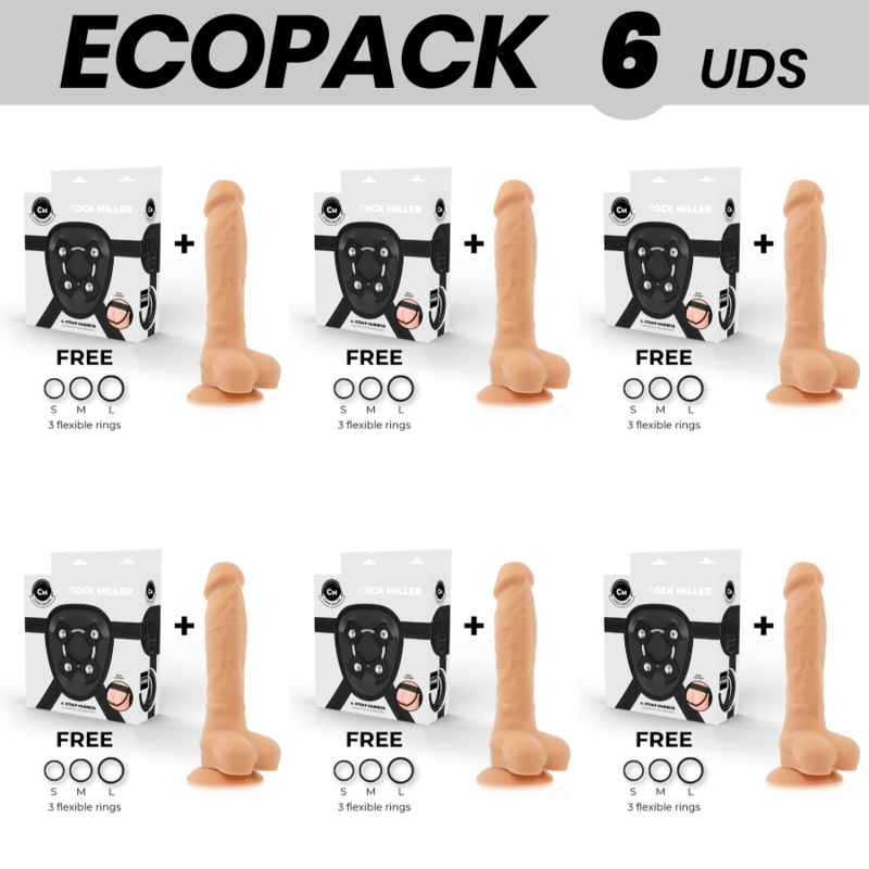 Ecopack de 6 arneses Cock Miller con dildo de 19,5 cm color carne