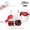 Contenido del kit Taboo Nights Fetish: antifaz, muñequeras, pinzas y pala en rojo y negro