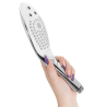 Mano sosteniendo el cabezal Womanizer WAVE plateado con tres salidas de agua y selector