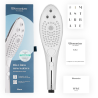 Womanizer WAVE plateado junto a su caja, guía, manual e información de seguridad