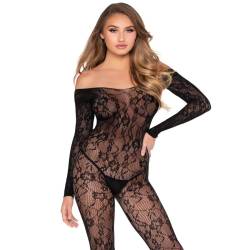 Leg avenue - 89366 bodystocking de lencería de encaje negro - talla única - 1