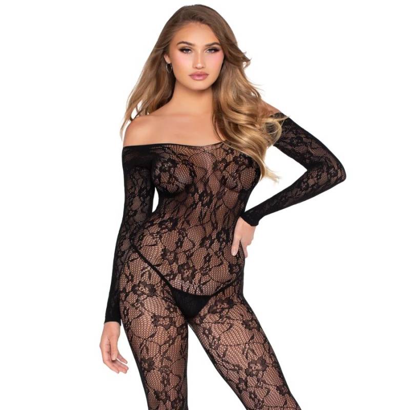 Leg avenue - 89366 bodystocking de lencería de encaje negro - talla única - 1