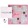 Contenido de Mission 69 con tablero, libro de retos, dos dados y dos peones