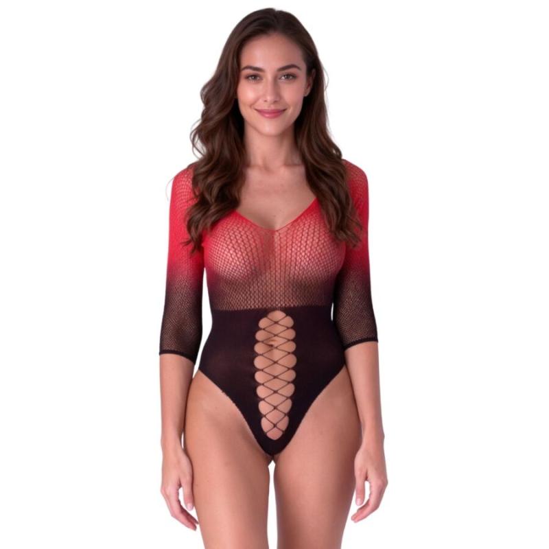 Passion - bs118 bodystocking de malla negro y rojo - 1