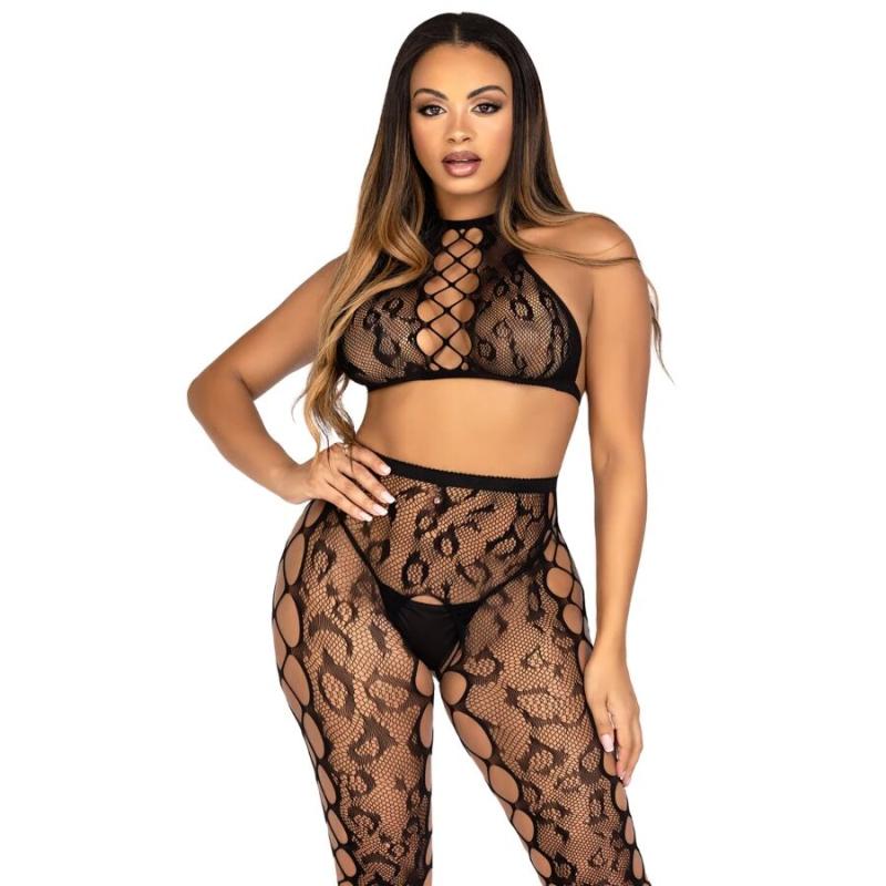 Leg avenue - 89372 crop top y medias sin entrepierna negro - talla unica - 1
