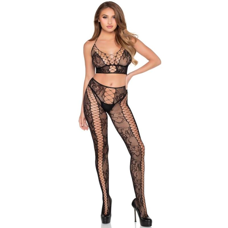 Leg avenue - 89368 crop top de red y encaje con medias negro - talla unica - 1