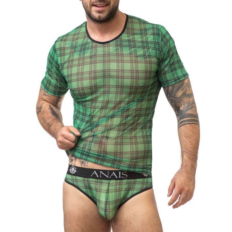 Vista frontal de la camiseta Anais Men Magic de cuadros verdes y negros