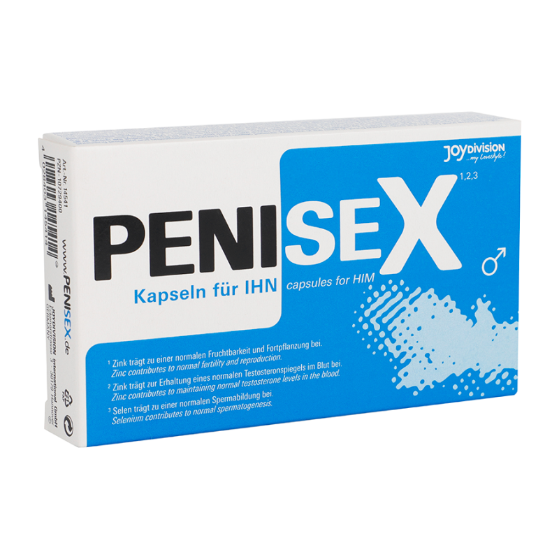 Caja blanca y azul de Penisex cápsulas para hombres de Joydivision