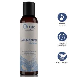 Frasco de Orgie All-Natural Acqua con iconos informativos azules