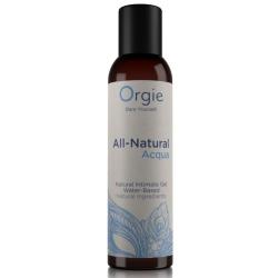 Vista frontal del frasco Orgie All-Natural Acqua con etiqueta azul y tapón negro