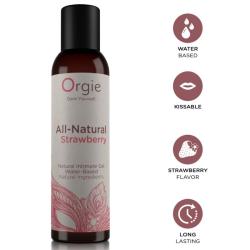 Frasco de Orgie All-Natural Strawberry con iconos de base acuosa y sabor fresa