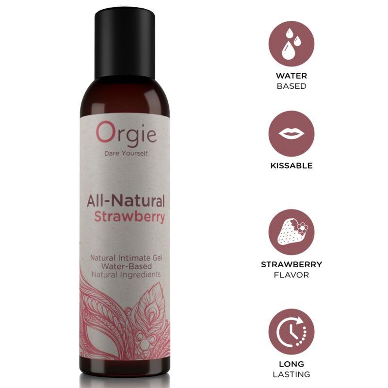 Frasco de Orgie All-Natural Strawberry con iconos de base acuosa y sabor fresa