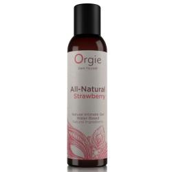 Vista frontal del frasco Orgie All-Natural Strawberry con etiqueta rosa