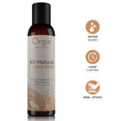 Frasco de Orgie All-Natural Ultra Slide junto a tres iconos informativos