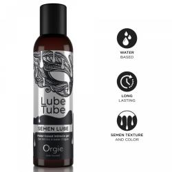 Frasco de Orgie Semen Lube con etiqueta negra y blanca junto a iconos informativos