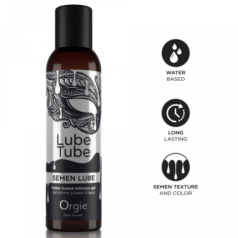 Frasco de Orgie Semen Lube con etiqueta negra y blanca junto a iconos informativos