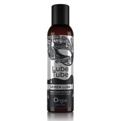 Vista frontal del frasco Orgie Semen Lube con dibujo de antifaz en la etiqueta