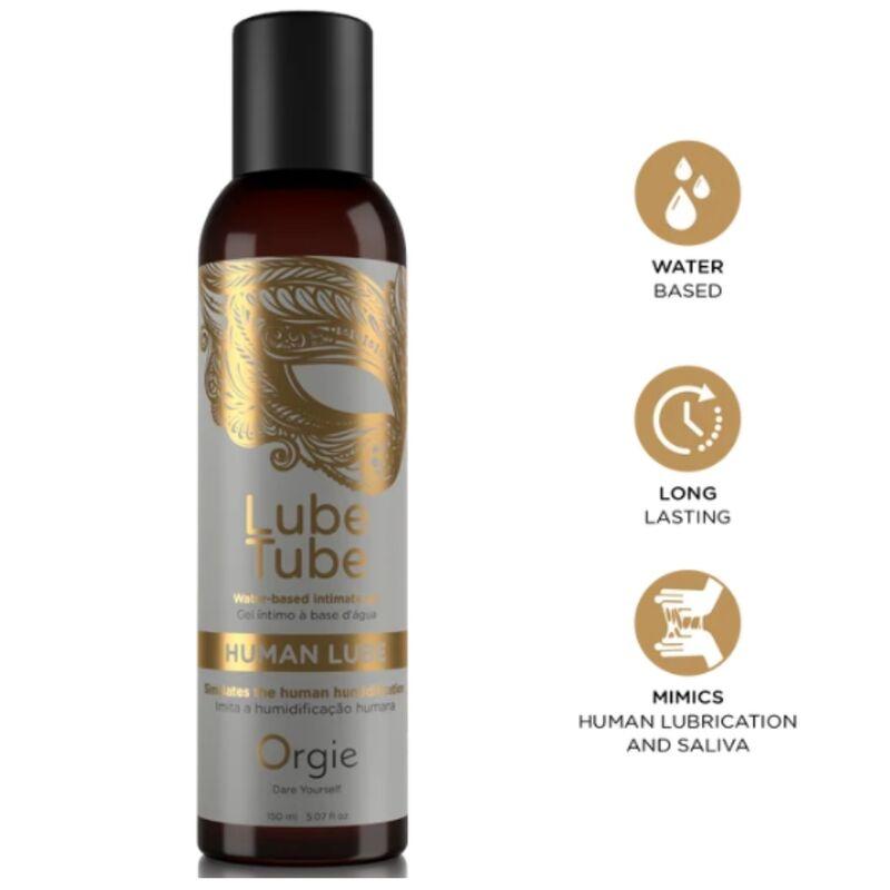 Frasco de Orgie Human Lube con etiqueta dorada junto a tres iconos informativos